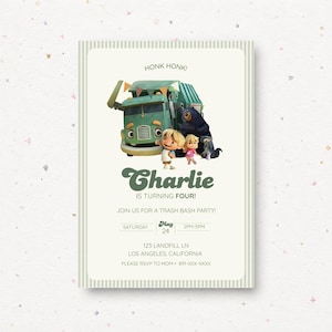 Może przedstawiać: Prostokątne zaproszenie urodzinowe z zieloną śmieciarką, niedźwiedziem i dwojgiem dzieci. Tekst brzmi: HONK HONK! Charlie IS TURNING FOUR! JOIN US FOR A TRASH BASH PARTY! SATURDAY MAY 24 2PM-5PM 123 LANDFILL LN LOS ANGELES, CALIFORNIA.