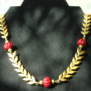 Ancient Roman / Greek / Byzantine Style Princess Necklace - Gold Leaf Chain and Lamp-work Red Melon Beads