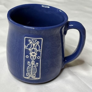 Vintage Studio Art Pottery Cobalt Blue Mug - Hand-Thrown Tribal Sgraffito Design