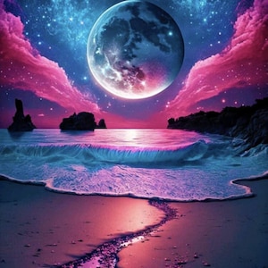 Könnte beinhalten: Eine lebendige digitale Illustration eines Strandes bei Nacht mit einem großen, detaillierten Mond in der Mitte eines Sternenhimmels. Rosa Wolken umrahmen den Mond über einem dunklen Ozean mit einer leuchtenden Welle. Der Sand reflektiert rosa und blaues Licht.