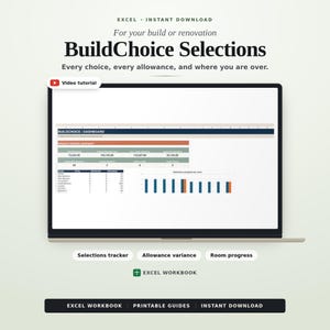 May include: A laptop screen displaying the BuildChoice Selections Excel dashboard for construction projects. The interface includes a project control snapshot, room progress table, and bar charts. Text includes Excel Instant Download, BuildChoice Selections, Video tutorial, Selections tracker, Allowance variance, Room progress, and Excel Workbook.