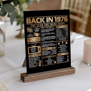 Zwart goud 50e verjaardagsdecoratie 1976 tafelbord 5 x 7 afdrukbaar verjaardagsdecor Trivia Card