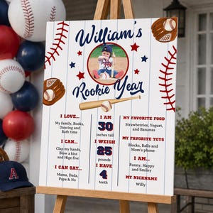 May include: A white rectangular milestone sign with blue pinstripes, baseball graphics, and the text William's Rookie Year. It features a circular photo of a child, a baseball bat, and lists facts including 76 cm tall, 11 kg, and 4 teeth.