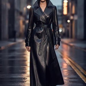 May include: A long, black leather trench coat featuring a wide notched collar, double-breasted button closure, and a matching tie belt at the waist. The coat has long sleeves with buckled cuff straps and a smooth, polished finish throughout.