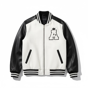 Zwart-wit leren varsity-jack, letterman-jack, baseball bomberjack