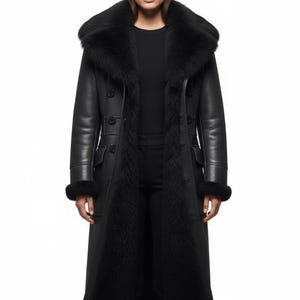 Premium Black Leather Shearling Long Coat with Genuine Fur Collar