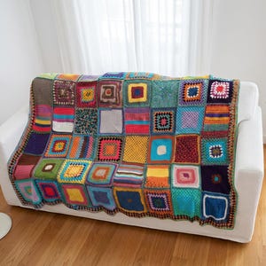 Large Granny Square Blanket, Colorful Patchwork Crochet Afghan, Wabi Sabi Boho Throw Blanket, Handmade Knit Bedspread, Unique Home Decor