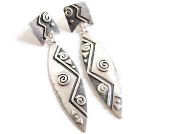 Tribal Modernist Dangle Earrings Vintage Southwestern Silver Geometric 3D Jewelry Sterling Silver Native American Style Boho Drop Earrings