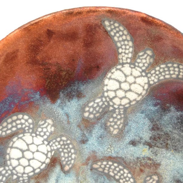 Raku Art Pottery Vintage Island Decor Iridescent Sea Turtles Platter Wall Decor Made in Hawaii