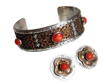 Southwestern Silver Cuff Bracelet & Earrings Vintage Red Coral Filigree Sterling Overlay Tribal Jewelry Boho Gift