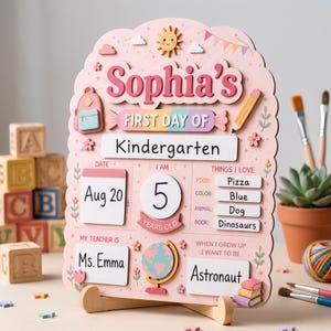 以下が含まれることがあります： Sophiaと書かれたピンク色のアーチ型初登校日ボード。First Day of Kindergartenの文字に加え、日付、年齢、先生、興味のあることを記入する欄があります。バックパック、鉛筆、地球儀のイラストが描かれています。