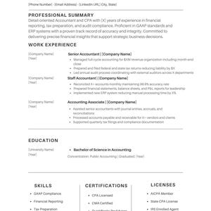 May include: A black and white professional resume template featuring sections for contact information, professional summary, work experience, education, skills, certifications, and licenses. The document uses a clean, structured layout with bold headings and bullet points for readability.