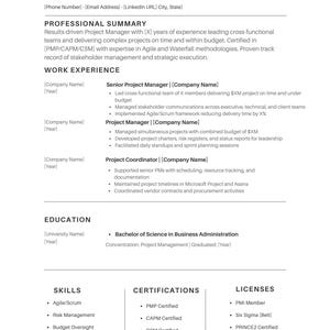 CV-mall för projektledare ATS-vänligt PMP-CV Canva Word Google Docs Lednings-CV