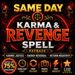 Könnte beinhalten: Ein Grafikdesign mit dem Text SAME DAY KARMA & REVENGE SPELL PAYBACK sowie Symbolen einer Waage, Totenköpfen, einer Uhr, einer Kamera, einem Blitz und einem Stern. Die Farbpalette besteht aus Schwarz, Gold und leuchtendem Feuerorange.