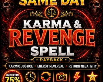 May include: A graphic design featuring the text SAME DAY KARMA & REVENGE SPELL PAYBACK with icons of a scale, skulls, a clock, camera, lightning bolt, and star. The color palette is black, gold, and fiery orange with glowing light effects.