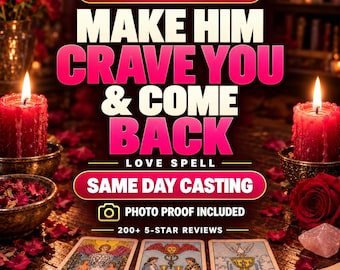 May include: A digital graphic featuring the text MAKE HIM CRAVE YOU & COME BACK LOVE SPELL, SAME DAY CASTING, and PHOTO PROOF INCLUDED. The image displays two red candles, scattered red rose petals, and three tarot cards: The Lovers, Two of Cups, and Ace of Cups.