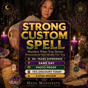 Può includere: Una grafica digitale che riporta il testo STRONG CUSTOM SPELL, Manifest What You Desire Personalized Specifically For You, 30+ YEARS EXPERIENCE, SAME DAY, PHOTO PROOF, 75% DISCOUNT TODAY, 5 STAR REVIEW, e MAYA MANIFESTS POWERFUL PERSONALIZED PROVEN.