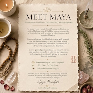 May include: A cream-colored paper document titled MEET MAYA with text detailing spiritual guidance services, including temple-inspired guidance and emotional clarity. The page features a lotus icon, a red stamp, and lists 1,000+ readings completed.