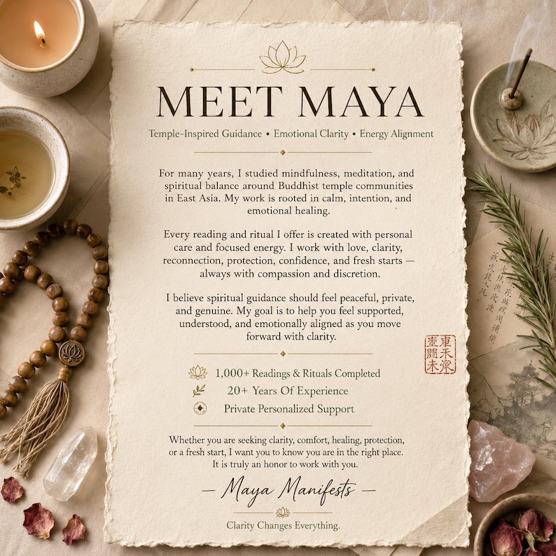 May include: A cream-colored paper document titled MEET MAYA with text detailing spiritual guidance services, including temple-inspired guidance and emotional clarity. The page features a lotus icon, a red stamp, and lists 1,000+ readings completed.