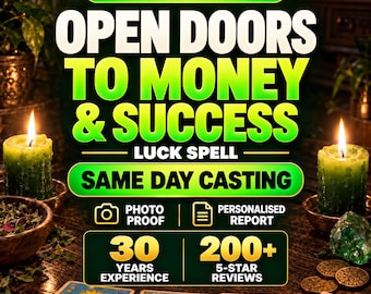 May include: A promotional graphic featuring the text TODAY ONLY - 75% OFF, OPEN DOORS TO MONEY & SUCCESS, LUCK SPELL, SAME DAY CASTING, PHOTO PROOF, PERSONALISED REPORT, 30 YEARS EXPERIENCE, and 200+ 5-STAR REVIEWS with green candles and tarot cards.