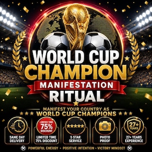 May include: A graphic design featuring a gold trophy and two soccer balls centered above the text WORLD CUP CHAMPION MANIFESTATION RITUAL. Below, the text reads MANIFEST YOUR COUNTRY AS WORLD CUP CHAMPIONS with five icons displaying service details.