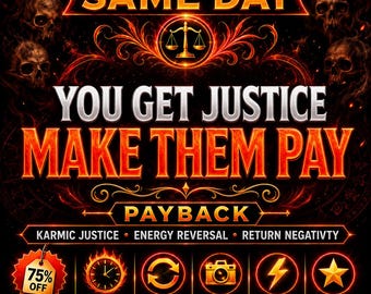 May include: A digital graphic featuring the text SAME DAY, YOU GET JUSTICE, MAKE THEM PAY, and PAYBACK in bold orange and white lettering. The design includes a golden scale of justice, four skulls, and icons for time, re-cast, camera, lightning, and a star.