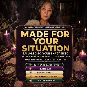 May include: A dark purple rectangular sign with gold text reading PERSONALIZED CUSTOM SPELL MADE FOR YOUR SITUATION TAILORED TO YOUR EXACT NEED LOVE MONEY PROTECTION SUCCESS FOCUSED ENERGY WORK JUST FOR YOU and five smaller labelled buttons.