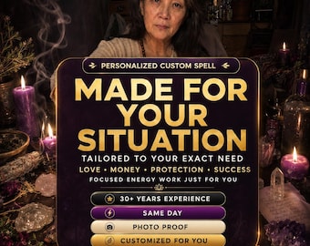 May include: A dark purple rectangular sign with gold text reading PERSONALIZED CUSTOM SPELL MADE FOR YOUR SITUATION TAILORED TO YOUR EXACT NEED LOVE MONEY PROTECTION SUCCESS FOCUSED ENERGY WORK JUST FOR YOU and five smaller labeled buttons.