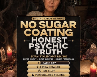 May include: A black rectangular sign with gold and white text reading BRUTAL TAROT READING NO SUGAR COATING HONEST PSYCHIC TRUTH EXTRA DETAILED TAROT READING DIRECT INSIGHT CLEAR ANSWERS HONEST PREDICTIONS with five horizontal buttons listing service features.