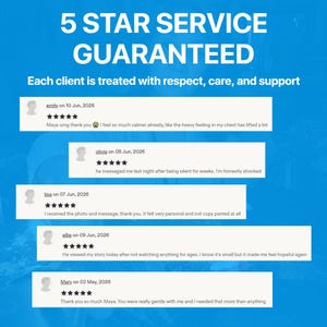 May include: A blue graphic display featuring the text 5 STAR SERVICE GUARANTEED and Each client is treated with respect, care, and support. It includes five customer reviews with five-star ratings, usernames, dates, and written feedback messages.