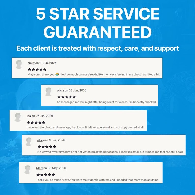 May include: A blue graphic display featuring the text 5 STAR SERVICE GUARANTEED and Each client is treated with respect, care, and support. It includes five customer reviews with five-star ratings, usernames, dates, and written feedback messages.