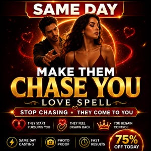 May include: A digital advertisement featuring a man and woman with glowing red hearts and gold text that reads: SAME DAY, MAKE THEM CHASE YOU, LOVE SPELL, STOP CHASING THEY COME TO YOU, THEY START PURSUING YOU, THEY FEEL DRAWN BACK, YOU REGAIN CONTROL, SAME DAY CASTING, PHOTO PROOF, FAST RESULTS, 75% OFF TODAY.