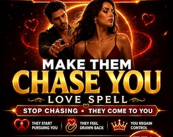May include: A digital advertisement featuring a man and woman with glowing red hearts and gold text that reads: SAME DAY, MAKE THEM CHASE YOU, LOVE SPELL, STOP CHASING THEY COME TO YOU, THEY START PURSUING YOU, THEY FEEL DRAWN BACK, YOU REGAIN CONTROL, SAME DAY CASTING, PHOTO PROOF, FAST RESULTS, 75% OFF TODAY.