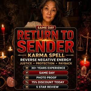 Pode incluir: Um gráfico retangular com fundo escuro apresentando o texto SAME DAY RETURN TO SENDER KARMA SPELL REVERSE NEGATIVE ENERGY JUSTICE PROTECTION PAYBACK. Inclui cinco barras horizontais listando 30+ YEARS EXPERIENCE, SAME DAY, PHOTO PROOF, 75% DISCOUNT TODAY e 5 STAR REVIEW.