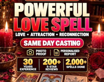 May include: A promotional graphic featuring the text POWERFUL LOVE SPELL, LOVE ATTRACTION RECONNECTION, and SAME DAY CASTING. The image includes red candles, rose petals, and three tarot cards on a wooden surface with numerical statistics.