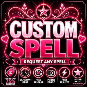 Peut inclure: Un graphique numérique sur fond noir avec du texte rose néon brillant indiquant CUSTOM SPELL et REQUEST ANY SPELL. Le design comprend une étoile, des cœurs et six icônes circulaires représentant une remise, le temps, un nouveau sort, une photo, la vitesse et une note.
