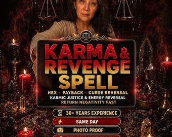 May include: A digital graphic featuring a person behind a sign that reads KARMA & REVENGE SPELL, HEX, PAYBACK, CURSE REVERSAL, KARMIC JUSTICE & ENERGY REVERSAL, RETURN NEGATIVITY FAST, 30+ YEARS EXPERIENCE, SAME DAY, PHOTO PROOF, 75% DISCOUNT TODAY, 5 STAR REVIEW.