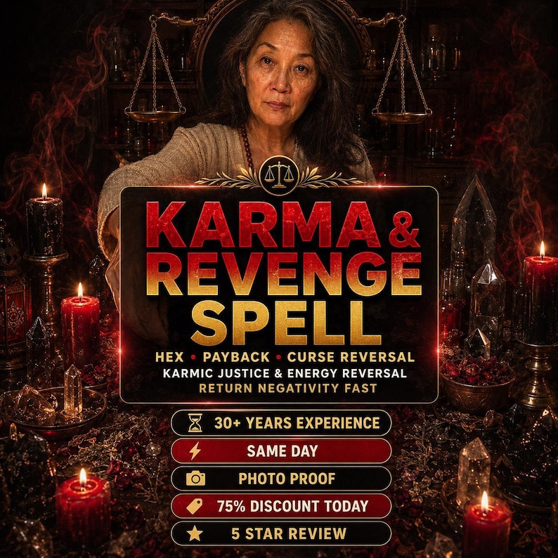 Puede incluir: Un gr&aacute;fico digital que muestra a una persona detr&aacute;s de un letrero que dice KARMA & REVENGE SPELL, HEX, PAYBACK, CURSE REVERSAL, KARMIC JUSTICE & ENERGY REVERSAL, RETURN NEGATIVITY FAST, 30+ YEARS EXPERIENCE, SAME DAY, PHOTO PROOF, 75% DISCOUNT TODAY, 5 STAR REVIEW.