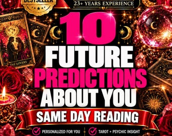 May include: A digital graphic featuring the text 10 FUTURE PREDICTIONS ABOUT YOU SAME DAY READING. The design includes a gold BESTSELLER badge, five stars, tarot cards, a crystal ball, red roses, and a lit candle against a dark, starry background.