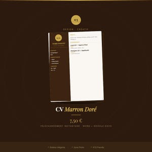 Peut inclure: Un modèle de CV intitulé CV Marron Doré présentant une barre latérale marron foncé avec du texte doré et une section principale blanche. La mise en page inclut des sections pour le profil, l'expérience, le contact, les compétences et les langues.