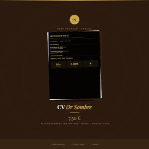 May include: A digital resume template titled CV Or Sombre featuring a dark black background with gold text. The document displays professional experience, certifications, and metrics including 50+, 2.4M€, and 4. The layout is structured for cloud and data roles.
