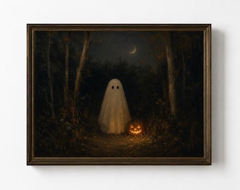 May include: A framed wall art print depicting a white ghost standing in a dark forest at night next to a glowing orange jack-o'-lantern. A crescent moon is visible in the dark sky above the trees, and the frame is a dark brown wood finish.