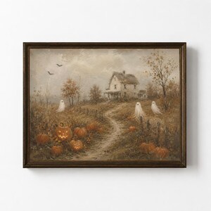 May include: A framed landscape painting depicting a rural scene with a house, a dirt path, and several orange pumpkins in the foreground. Three white ghost figures are positioned in the field, and two dark birds fly in the cloudy sky.