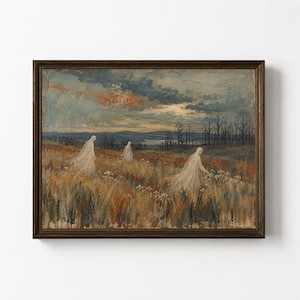 May include: A framed landscape painting depicting three translucent, white, ghost-like figures walking through a field of tall, golden-brown grass under a dramatic, moody sky with dark clouds and a hint of sunset light over a distant horizon.