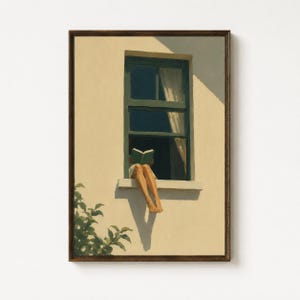 May include: A framed wall art print depicting a person sitting on a window ledge reading a green book. The scene features a cream-colored exterior wall, a dark green window frame with a white curtain, and green foliage visible in the lower corner.