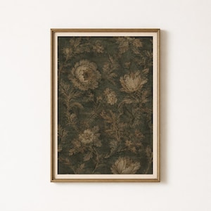May include: A rectangular wall art print in a thin gold frame featuring a dark forest green background with a repeating pattern of muted beige and brown floral motifs, including large blooming flowers and intricate leafy foliage throughout.