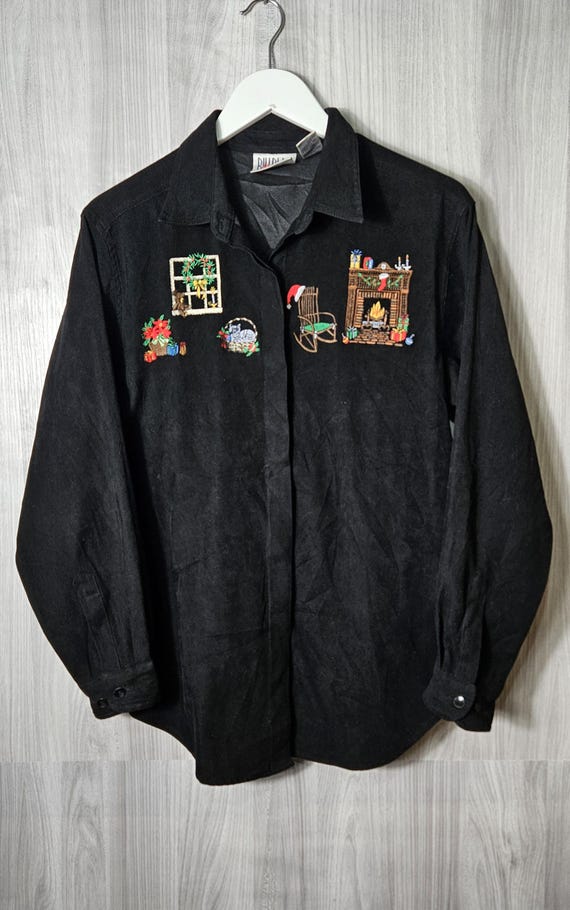 Bill Blass, Bill Blass womens rare vintage velvet feel embroidered christmas shirt large