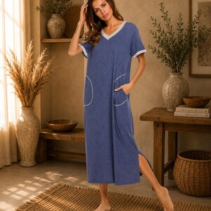 cotton house dress with pockets Loungees Womens Floral Pockets, Short Sleeve Muumuu Caftan, Square Neck Contrast Yoke Lounger XL The Loungees cotton house dress is designed for women who want comfort with a touch of unique style Ekouaer Cotton House Dress with