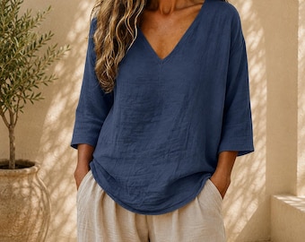 Camicetta da donna in cotone e lino con scollo a V, modello ampio, tunica casual estiva da spiaggia, vestibilità oversize