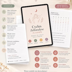 Può includere: Un'agenda digitale intitolata Cyclus Zelfanalyse Planner che mostra un tablet centrale, fogli di carta affiancati e icone per tracciare le fasi del ciclo mestruale, energia, umore, sonno e nutrizione, con testo in olandese in tutto il layout.